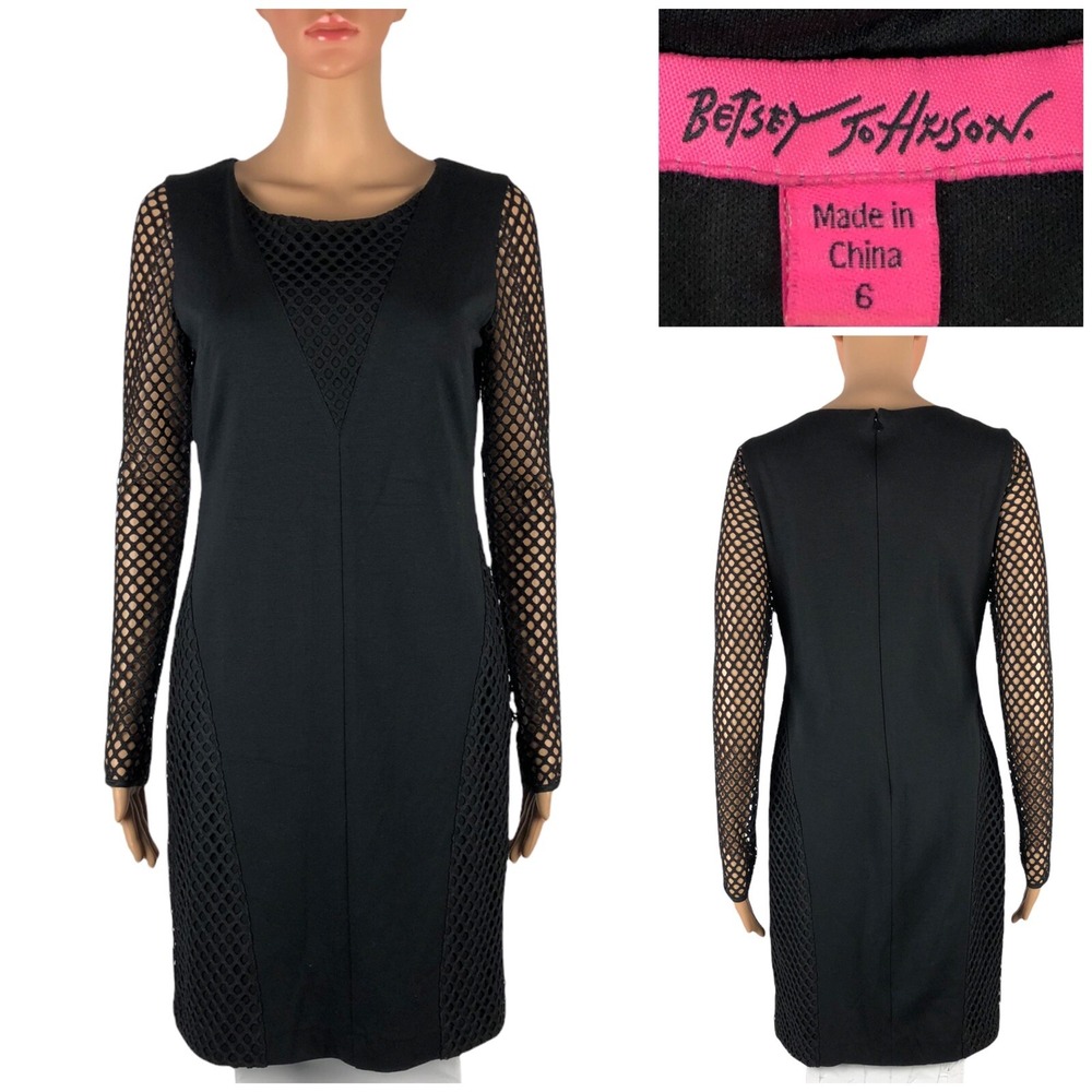 Betsey Johnson Womens 6 Dress Long Sleeve Mesh Sheath Boat Neck Black EUC